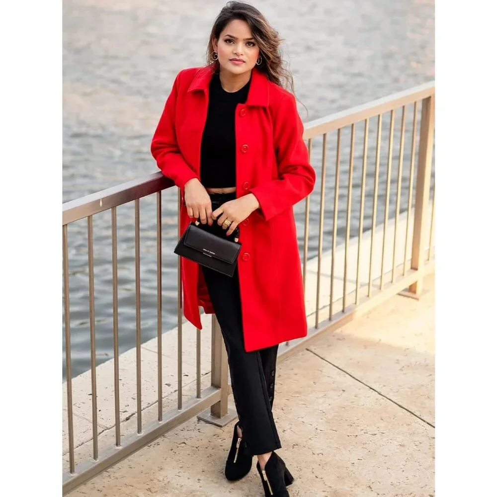 Women's Red Wool Trench Coat Winter Long Thick Overcoat Walker Coats - Picture 3 of 5